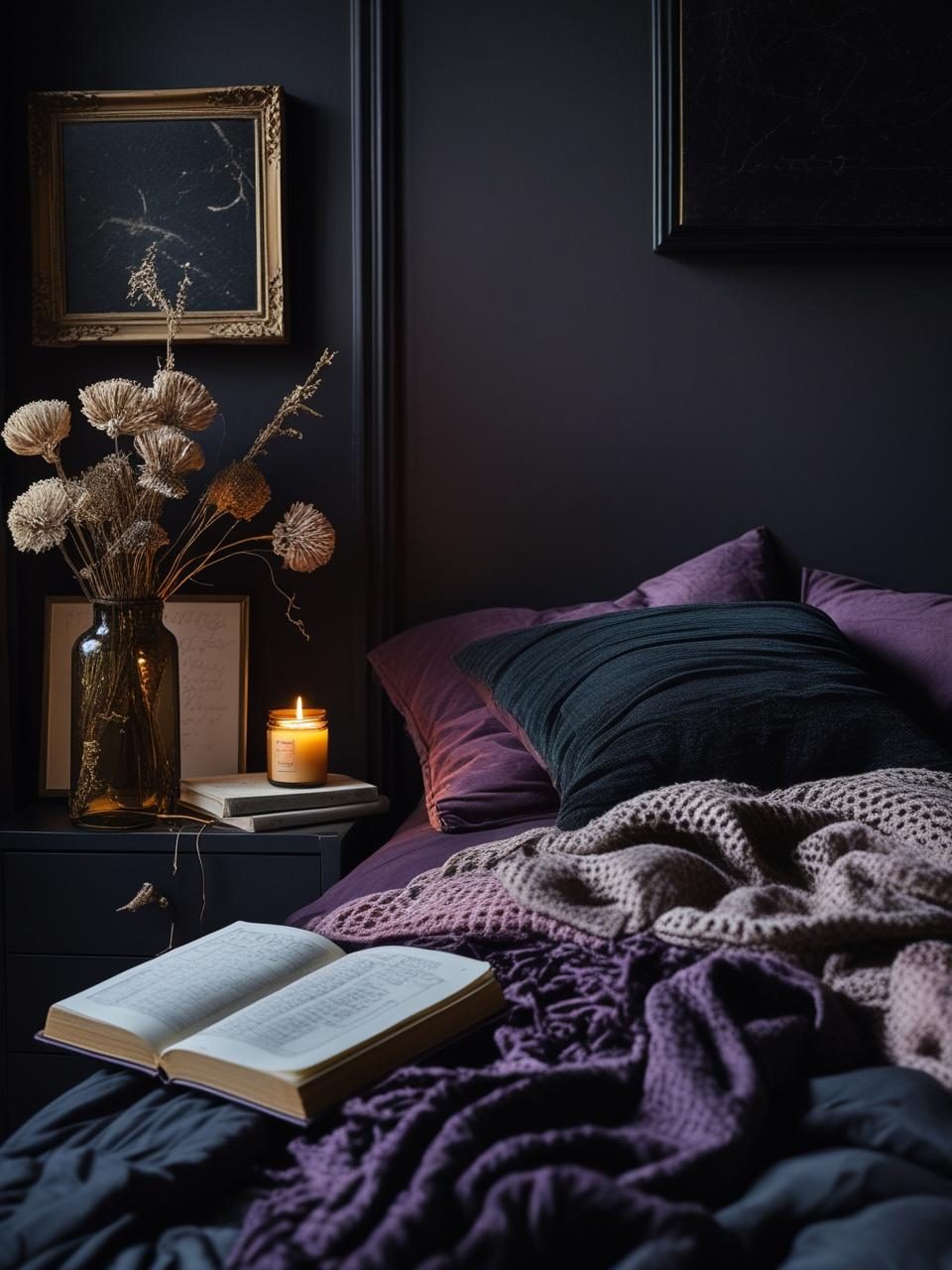A dark feminine bedroom with rotating decor, layered textiles, and warm lighting, reflecting a space that evolves with time and emotion.