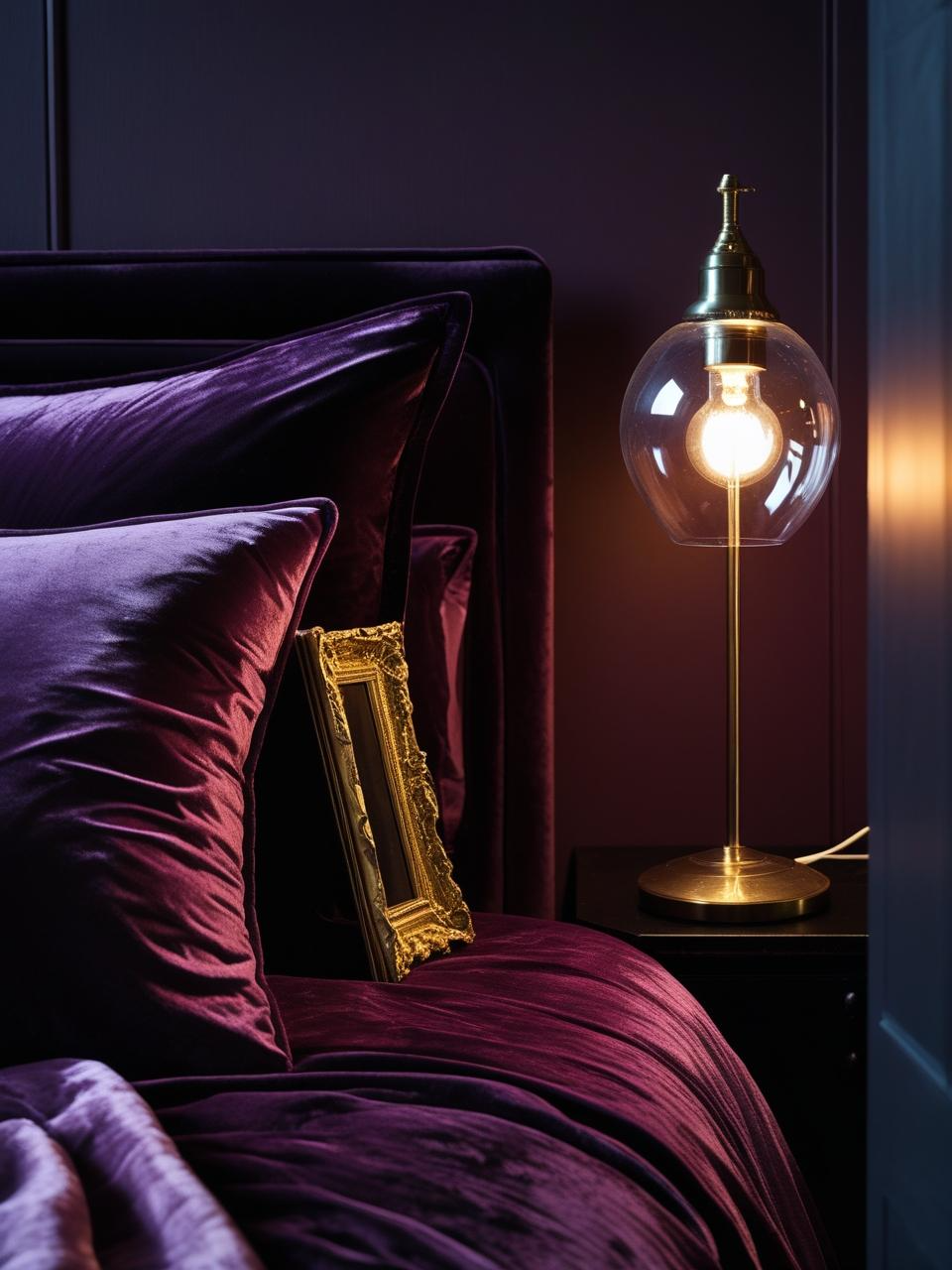 A dark feminine bedroom featuring a cracked lamp and chipped vintage frame, adding depth and contrast to a moody, elegant space.