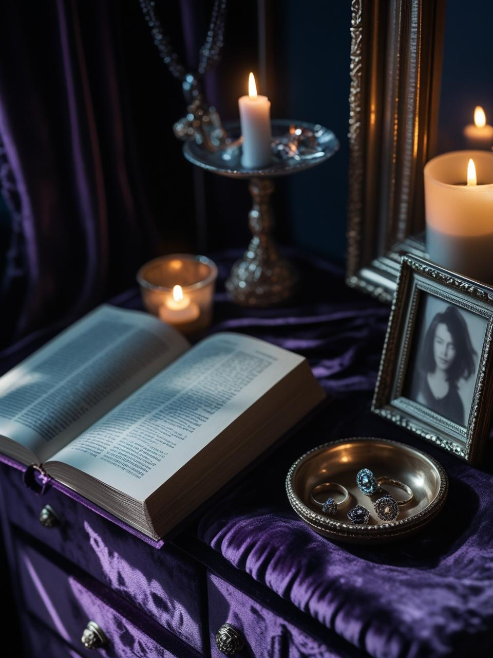 A dark feminine bedroom with personal items like an open book and keepsake dish, styled with soft lighting to tell a quiet, emotional story.
