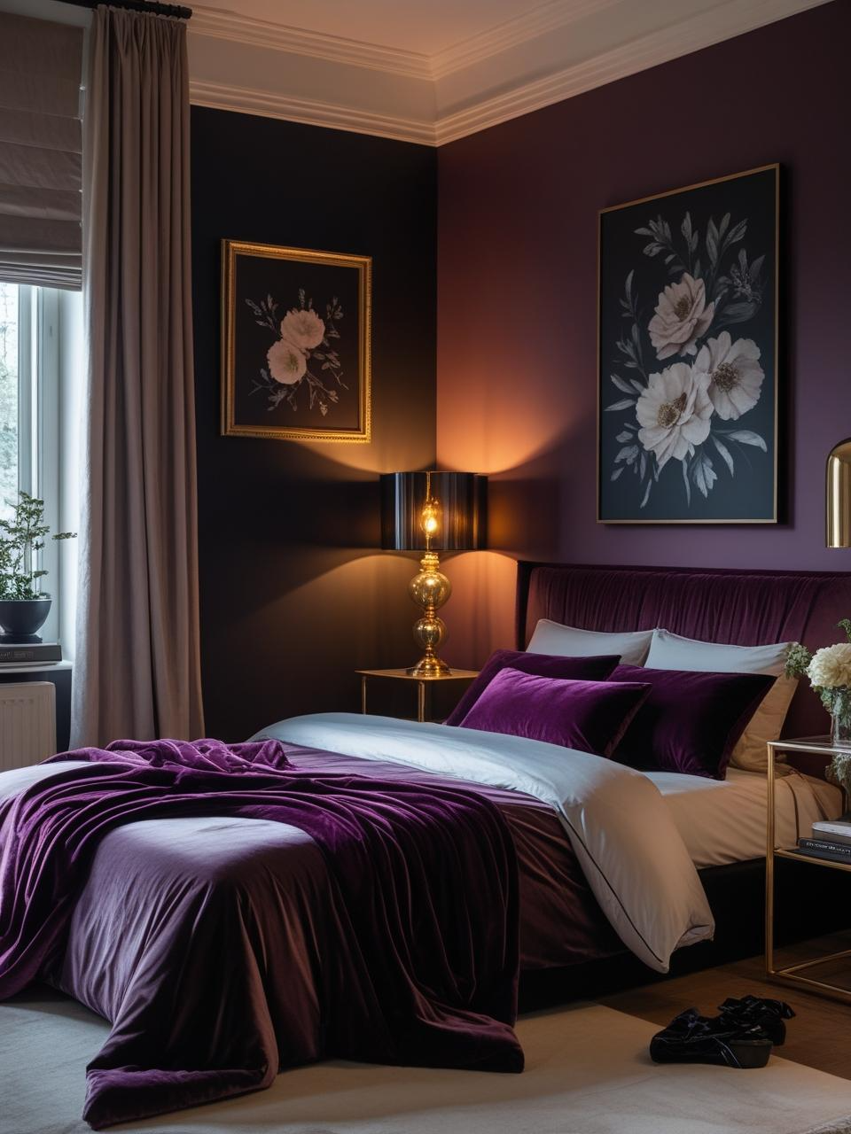A dark feminine bedroom with one deep plum accent wall, soft lighting, and rich velvet textures, showing how to start with one shadowy color.