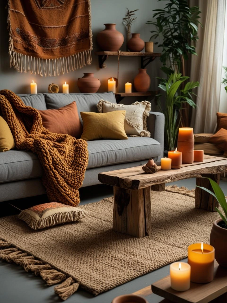 Boho living room featuring woven throws, jute rug, handmade fabrics, and rustic textures for a cozy, soulful interior feel.