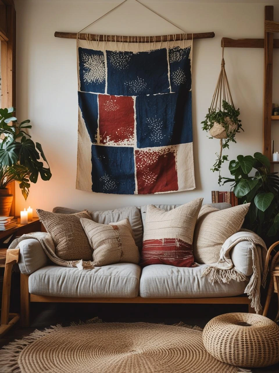 Boho living room featuring a handmade block-printed wall hanging as the focal point, bringing warmth and meaning to a cozy seating area.