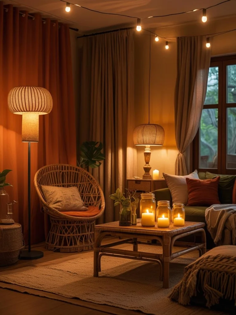 Boho living room with mixed decor styles—Moroccan pouf, IKEA sofa, thrifted accents, and personal touches—styled with relaxed charm.