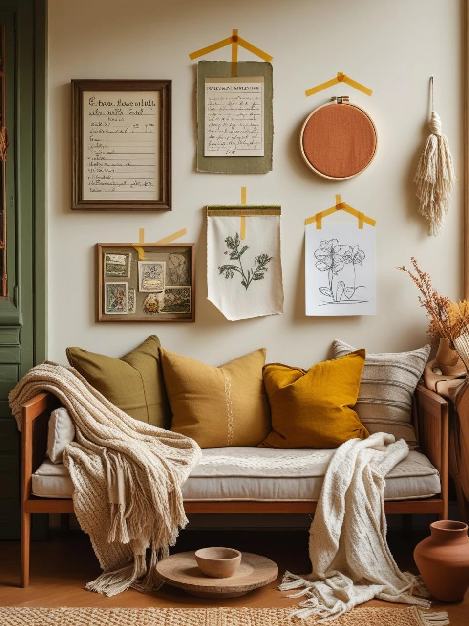 Boho living room wall with meaningful art—framed recipe card, fabric swatch, postcards, and handmade details reflecting personal stories.