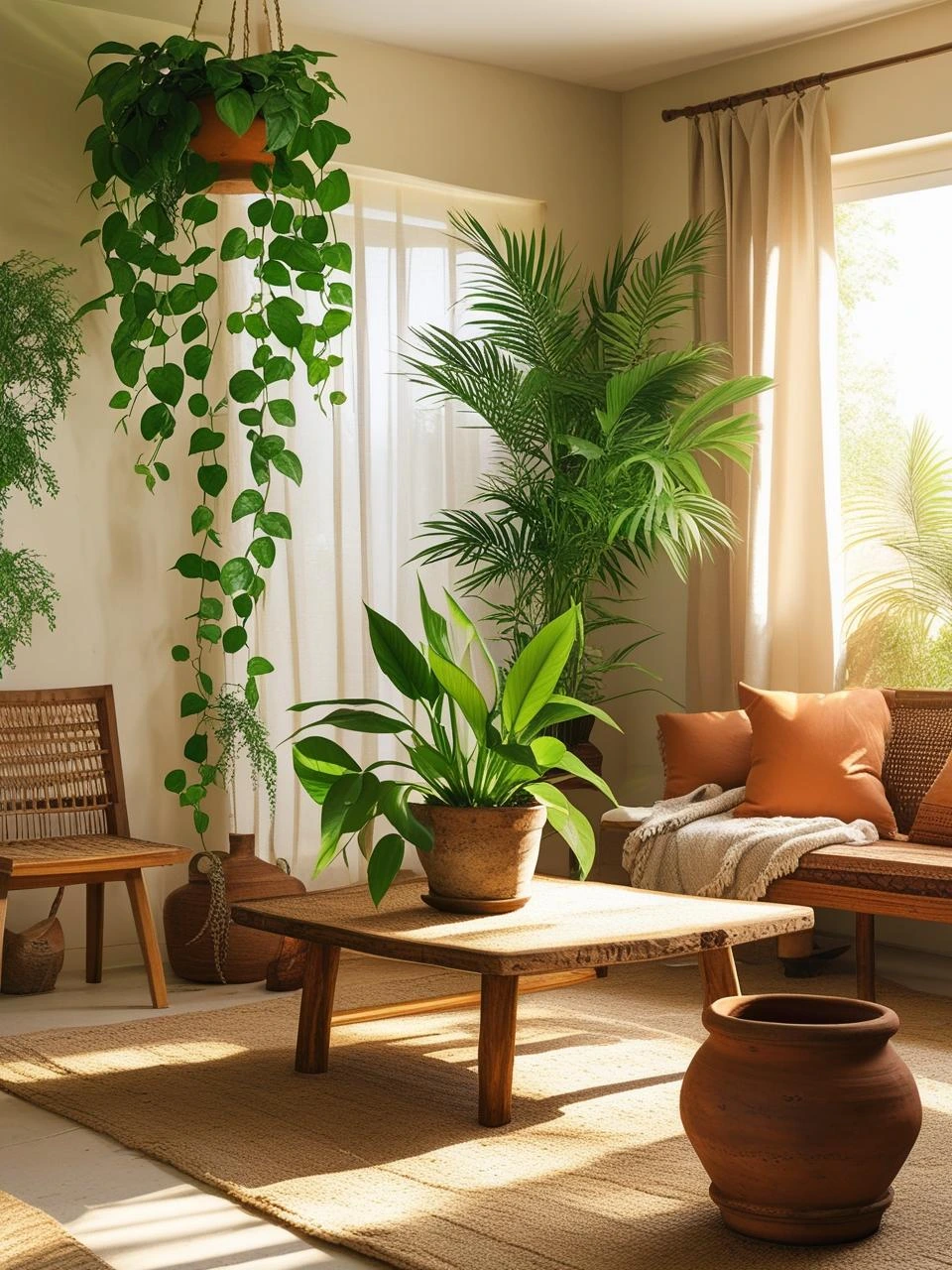 Boho living room with trailing pothos, peace lily, and tall palm adding natural warmth and soft texture to an earthy, plant-filled space.