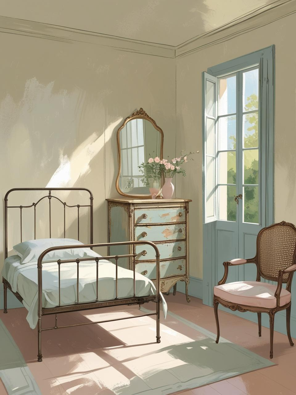 Charming French-Girl Inspired Bedroom featuring slim vintage furniture, metal bed frame, narrow dresser, and an open, airy layout.