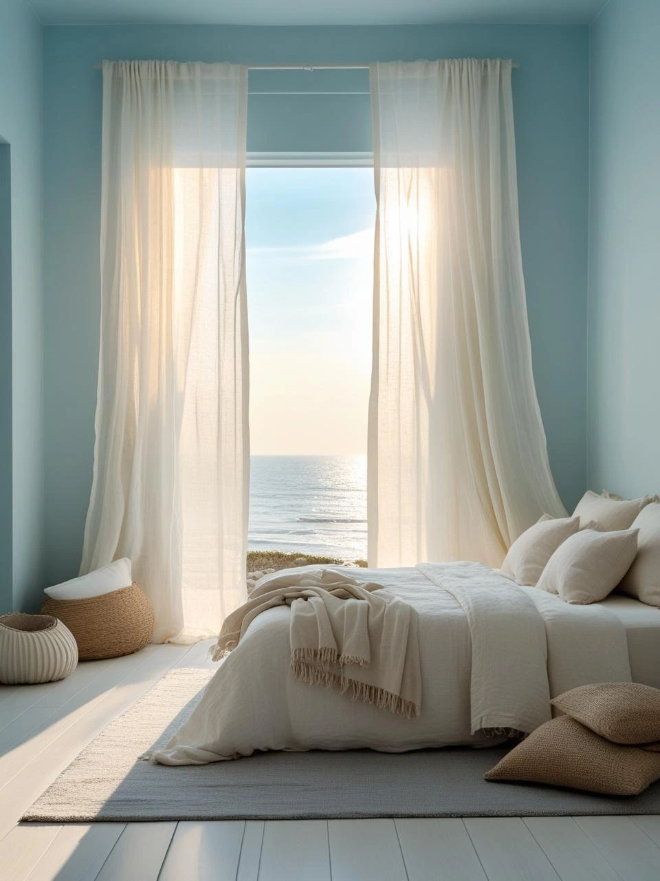 A peaceful coastal bedroom with pale blue walls, off-white bedding, and soft beige tones, inspired by sand and sea colors at sunrise.