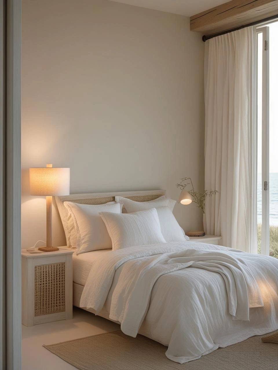 Coastal bedroom designed as a quiet retreat, featuring soft lighting, pale bedding, and natural textures without themed decor or bold prints.