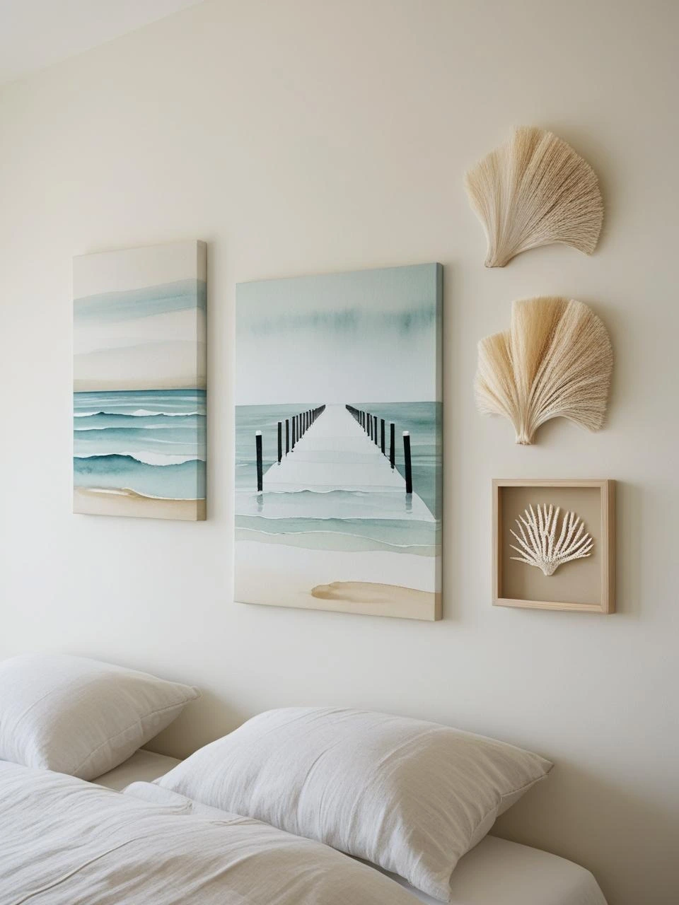 Coastal bedroom wall with soft ocean-inspired art and framed natural elements like coral and sea grass, creating a calm and elegant atmosphere.