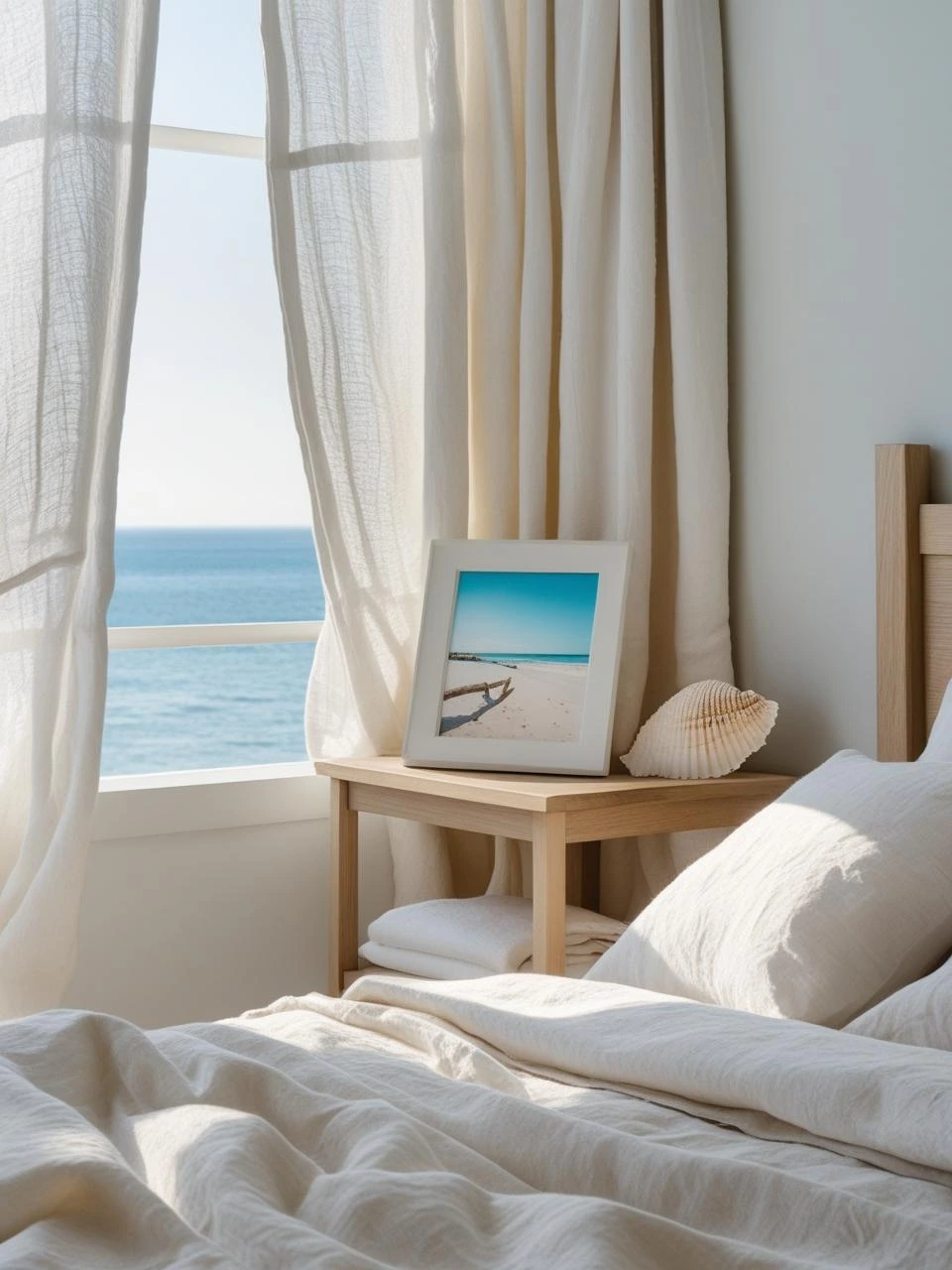 Coastal bedroom with a personal touch, featuring a beach photo or driftwood keepsake in a soft, calming seaside-inspired space.