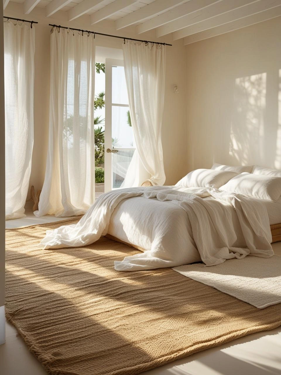 Coastal bedroom with layered jute and cotton rugs near the bed, offering barefoot comfort and warm, natural texture inspired by the beach.