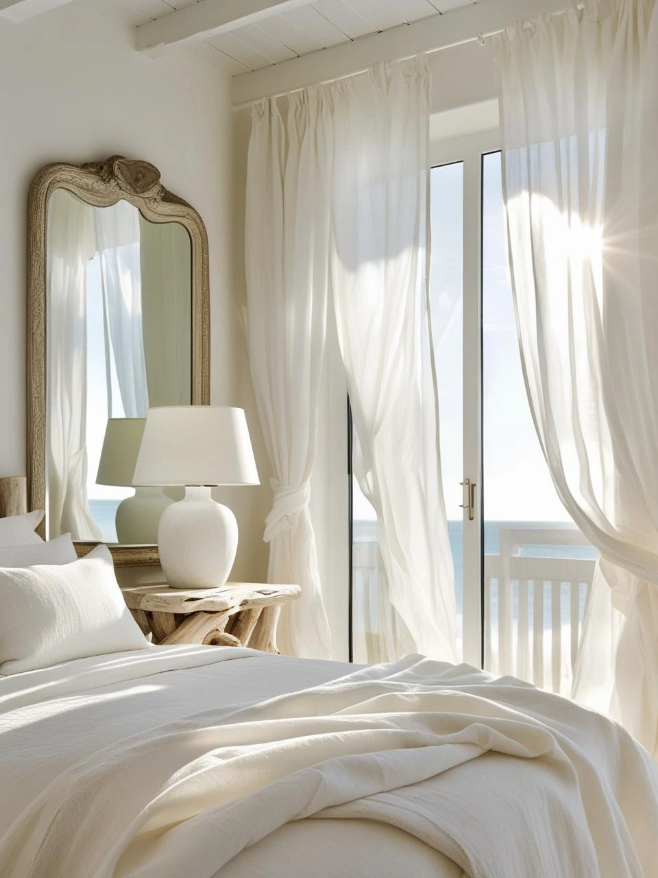 Coastal bedroom with sheer curtains, a mirror reflecting soft light, and warm-toned lamps creating an open, naturally bright space.