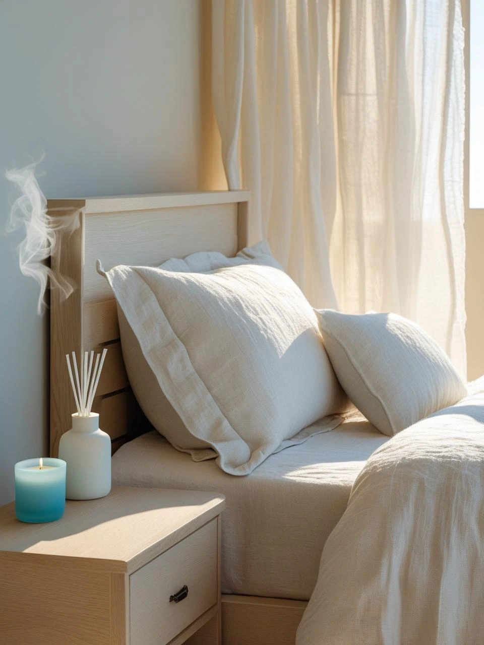Coastal bedroom with soft lighting, featuring a diffuser and candle that add gentle, ocean-inspired scents to enhance the serene atmosphere.