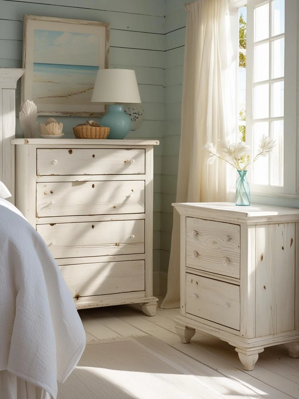 Coastal bedroom with weathered furniture, including a whitewashed dresser and bleached wood nightstand that create a soft, lived-in feel.