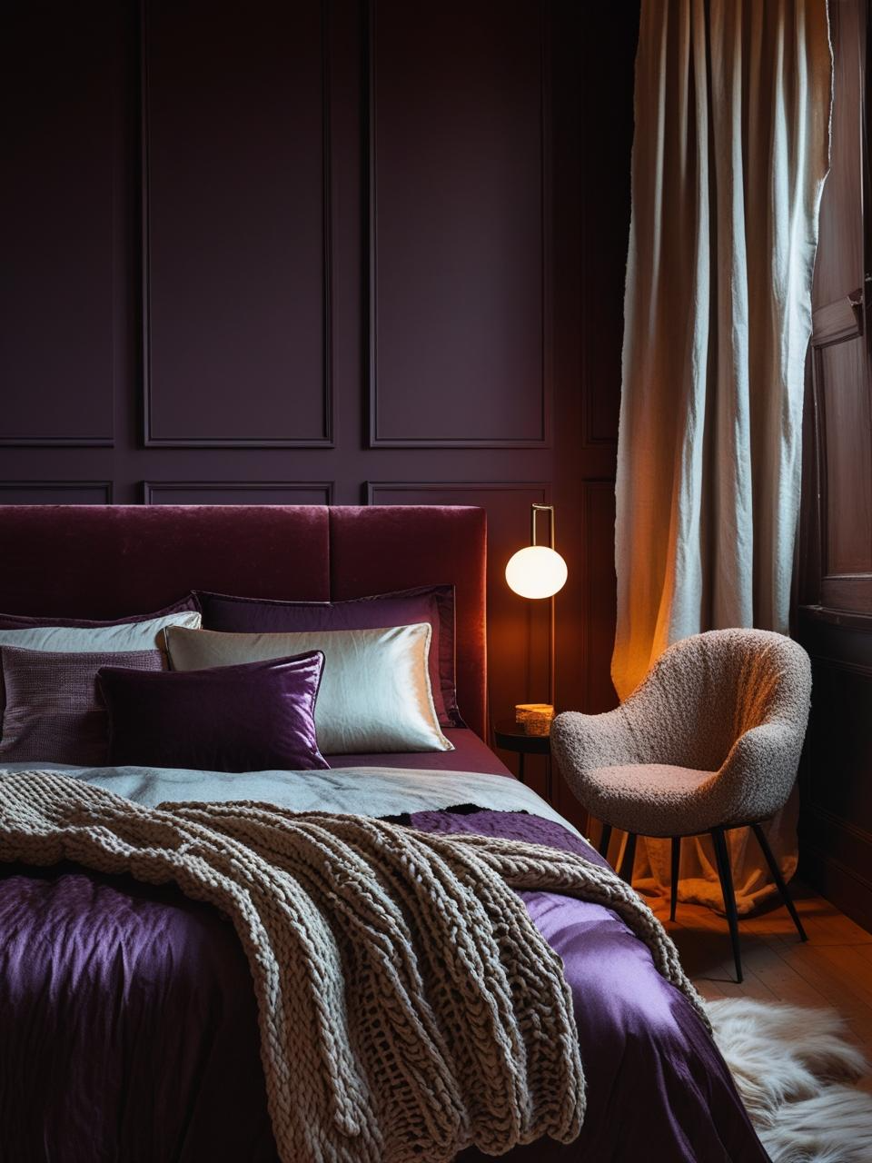 Dark feminine bedroom featuring velvet, silk, and boucle textures with soft lighting and rich materials balanced in a minimal moody setting.