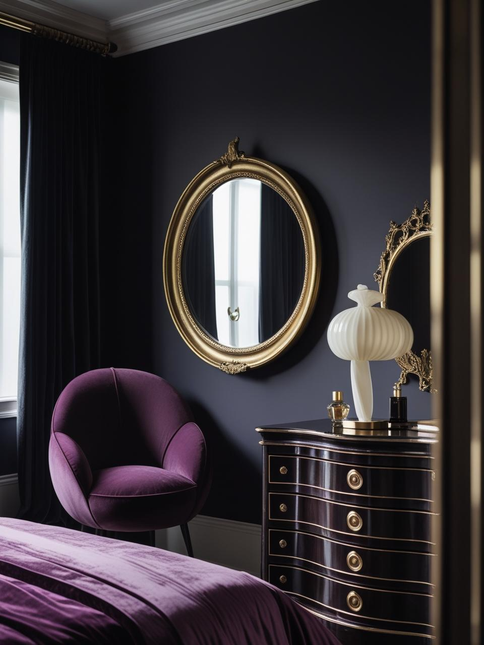 Dark feminine bedroom with a bold curved mirror as the focal point, styled with moody lighting and soft textures for a timeless feminine look.