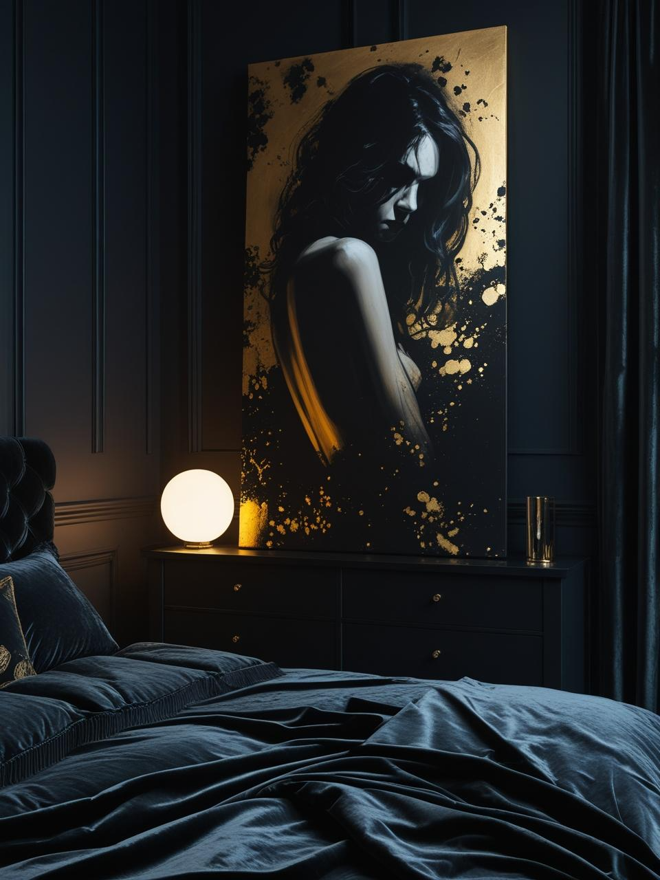 Dark feminine bedroom with moody lighting and a dramatic shadowy portrait above the bed, emphasizing meaningful art over generic wall decor.
