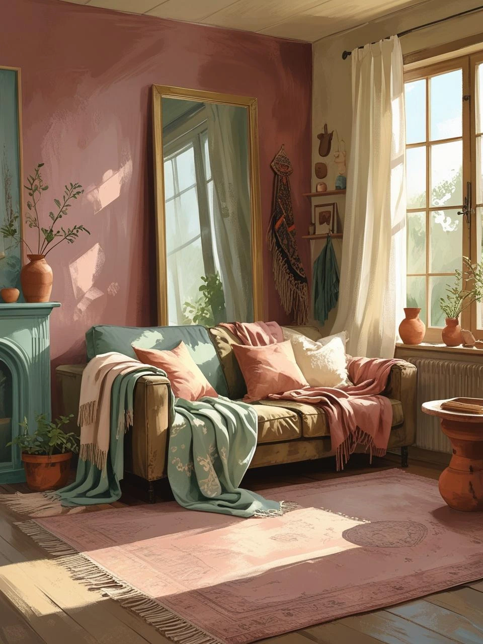 Evolving Boho living room with layered rugs, added mirror, and soft lighting showing a natural, personal transformation over time.