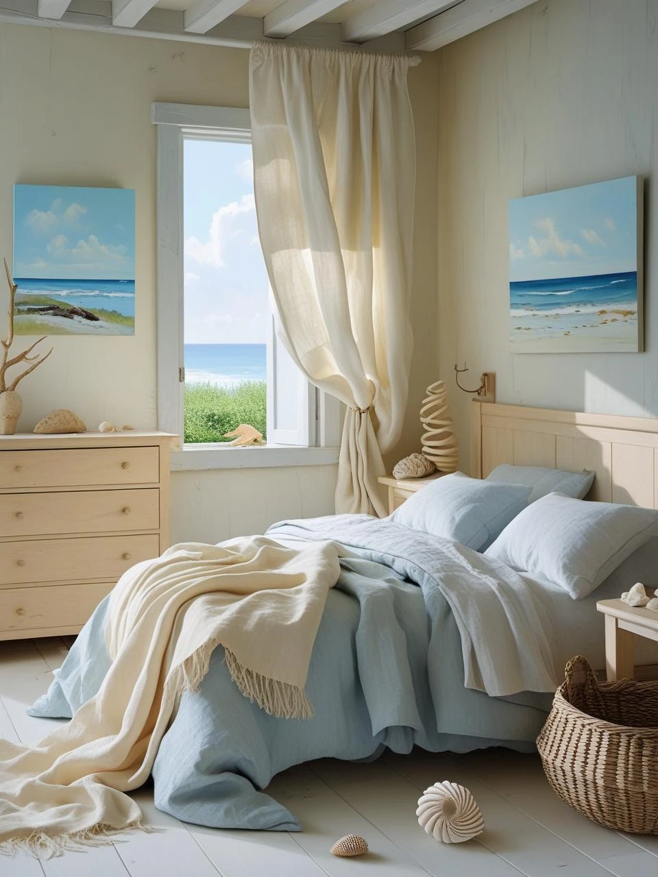 Evolving coastal bedroom showing slow design changes with sea-inspired textures, light colors, and personal decor accents.