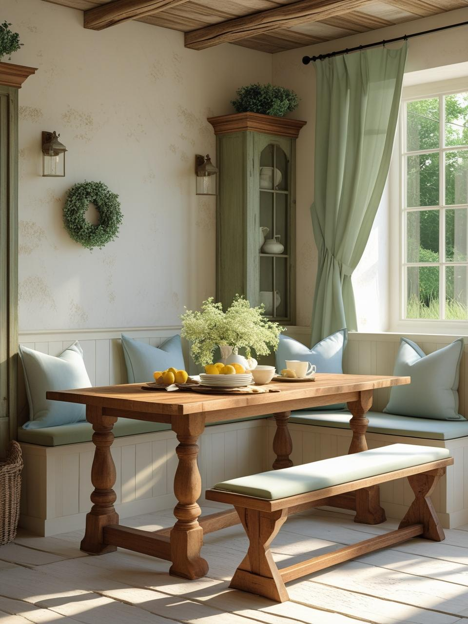 Farmhouse breakfast nook styled with soft, nature-inspired colors like faded green, warm white, and pale blue for a calm, grounded feel.
