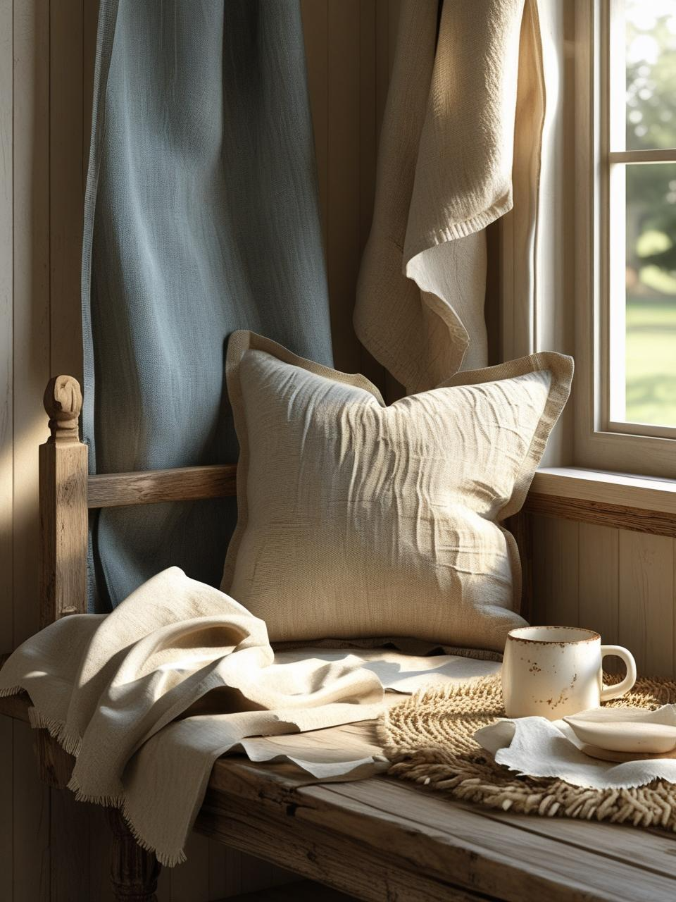 Farmhouse breakfast nook with layered soft textures—linen cushions, cotton curtains, and a jute rug—creating a warm, familiar atmosphere.