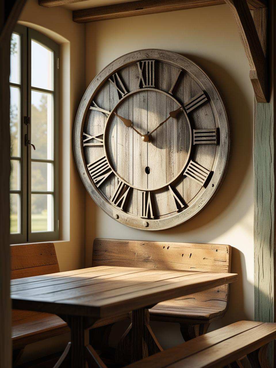 Farmhouse breakfast nook with a bold anchor piece like a large wooden clock or framed recipe, creating a grounded, personal design.