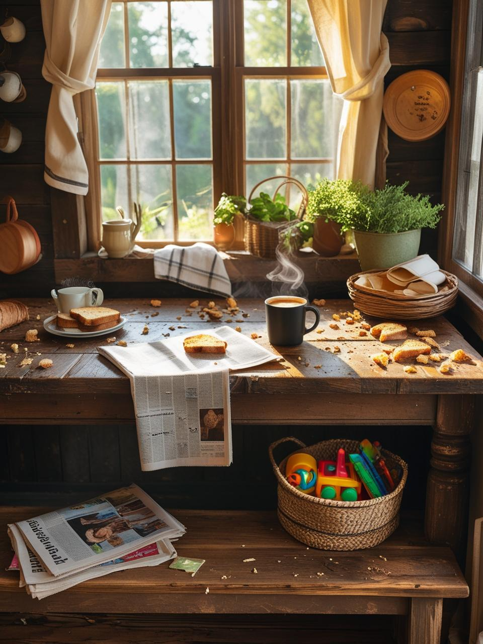 Farmhouse breakfast nook with toast crumbs, books, and a coffee mug—designed to embrace real life, not just picture-perfect moments.