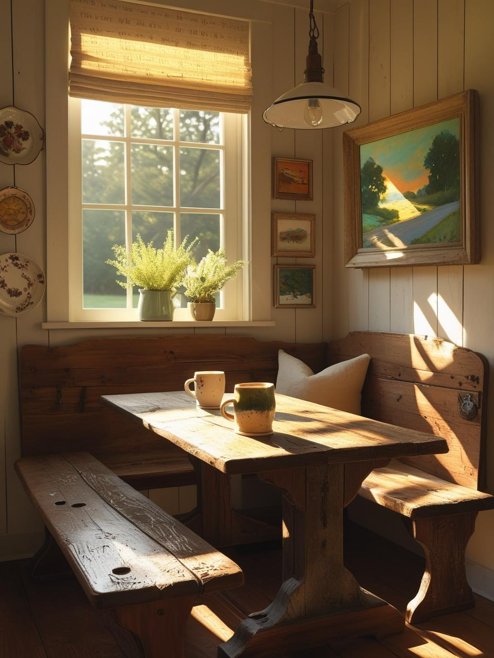 Farmhouse breakfast nook with meaningful decor—like a vintage bench, old painting, and handmade mug—telling a quiet personal story.