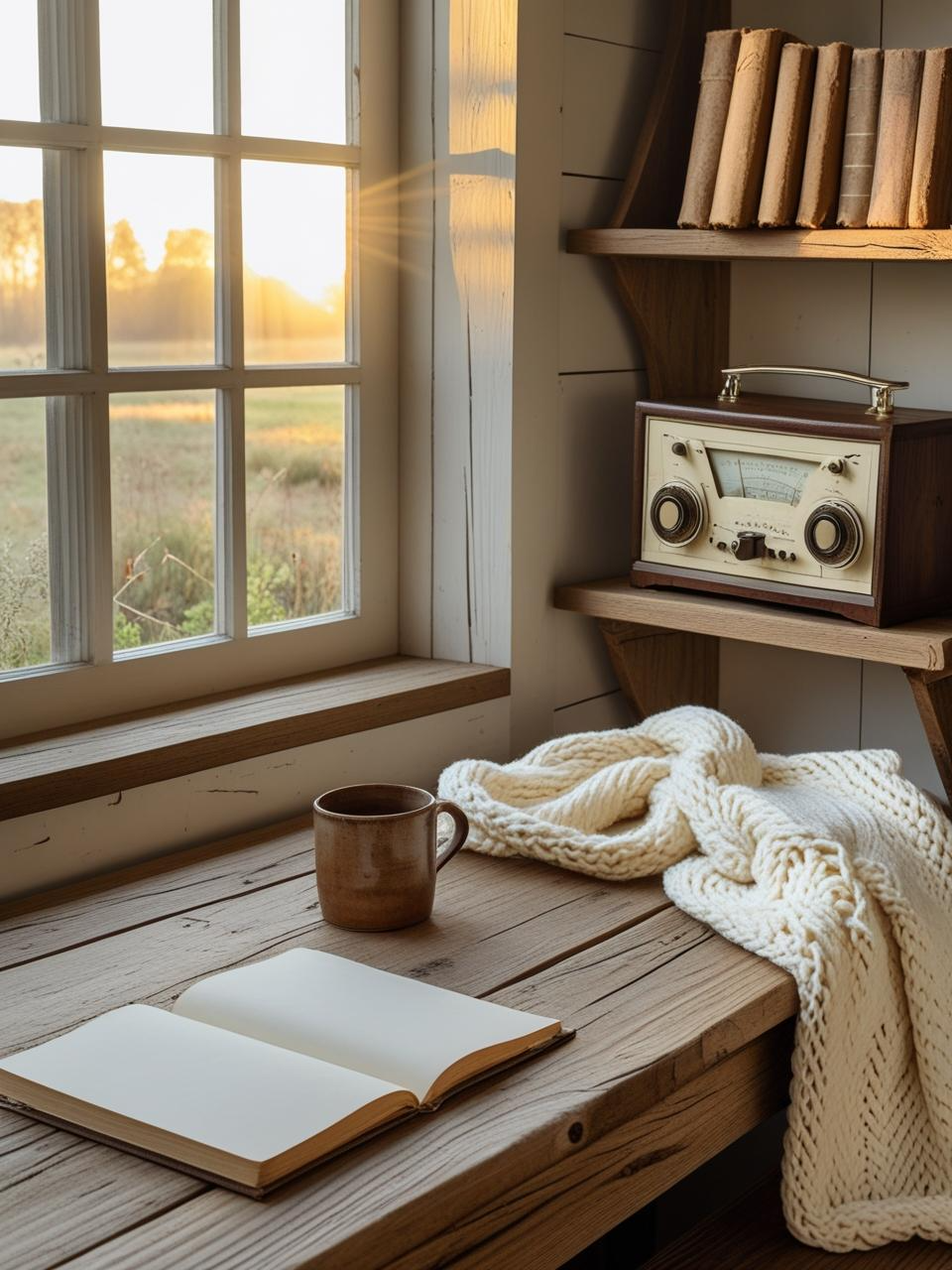 Farmhouse breakfast nook with a journal, soft throw, and bookshelf—inviting quiet time, reading, and stillness beyond meals.