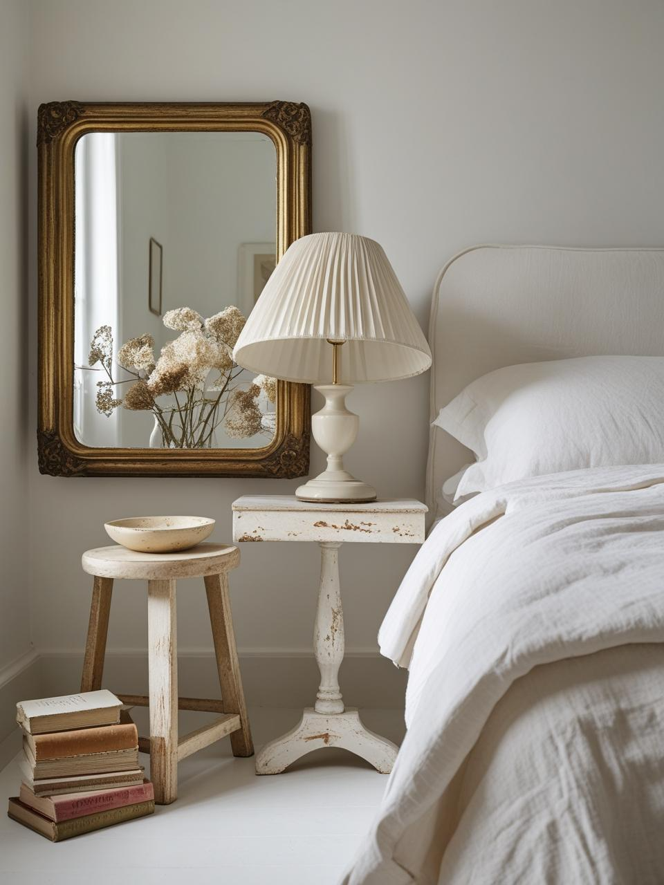 French-Girl Inspired Bedroom blending modern and vintage pieces, including a gold mirror, wooden stool, and personal decor for a layered look.