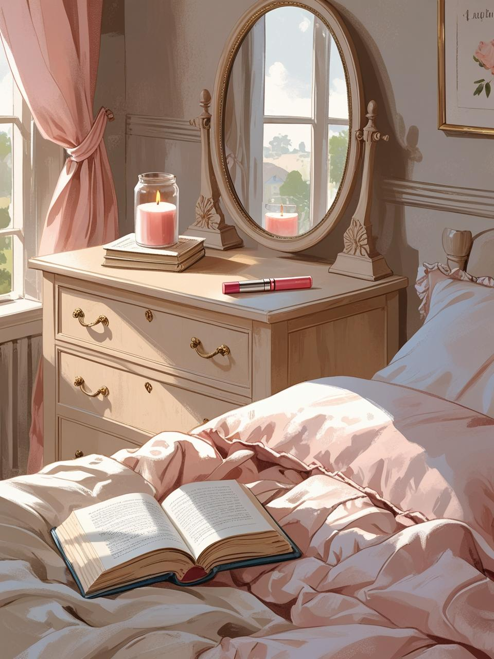 French-Girl Inspired Bedroom dresser with softly styled clutter—lipstick, candle, hand mirror, and a book casually resting on the bed.