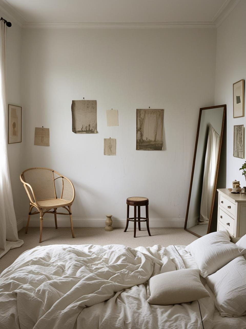 French-Girl Inspired Bedroom in progress, with minimal wall decor, shifted furniture, and evolving personal charm.