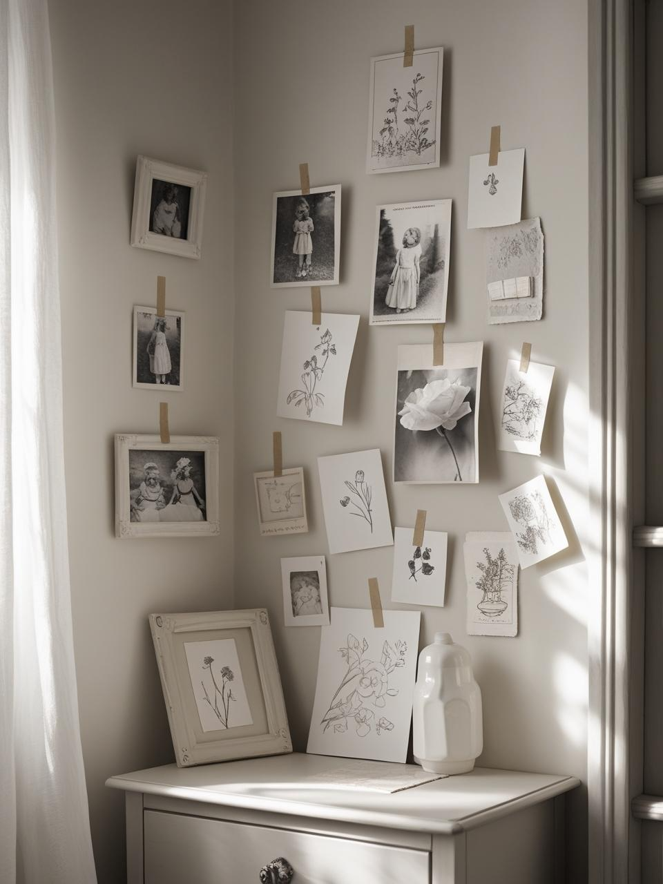 French-Girl Inspired Bedroom wall with imperfectly arranged art, sketch-style drawings, and postcards in soft, personal layers.