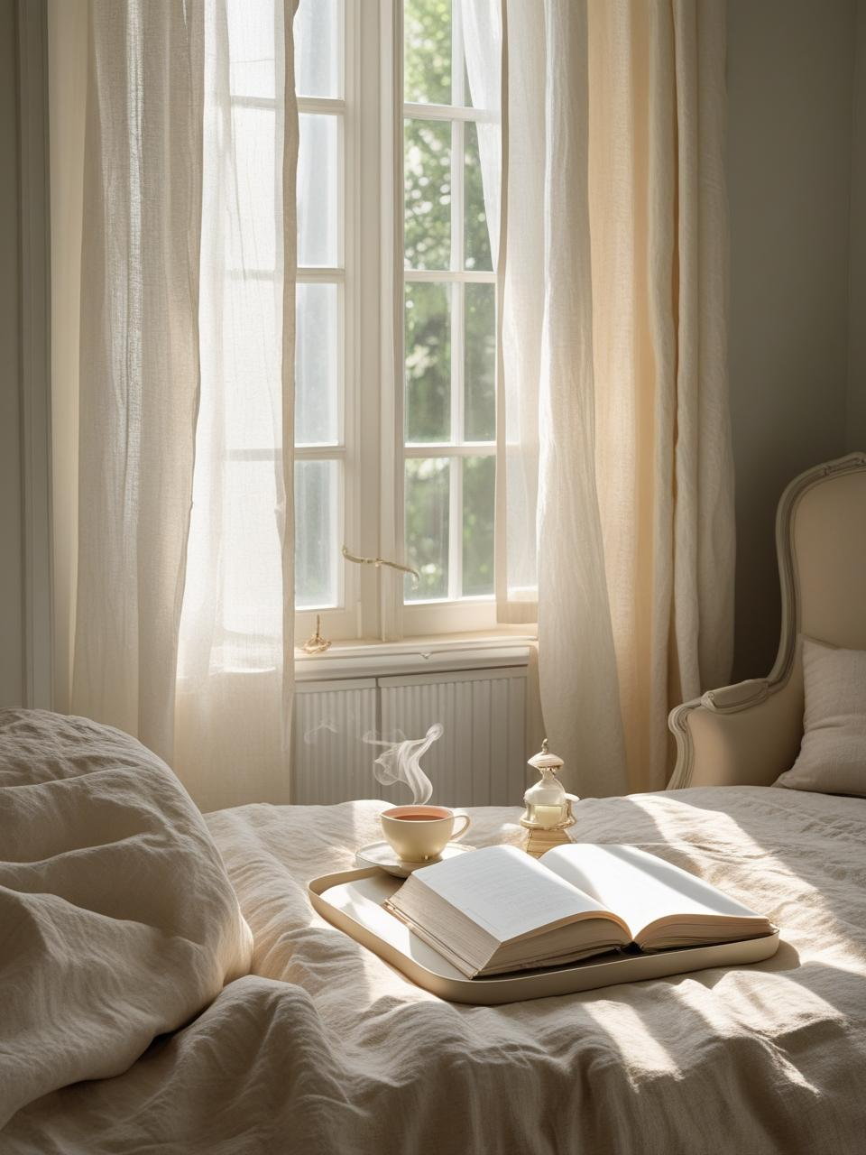 French-Girl Inspired Bedroom with a reading chair and tray holding a notebook and pen, capturing the peaceful pace of quiet daily habits.