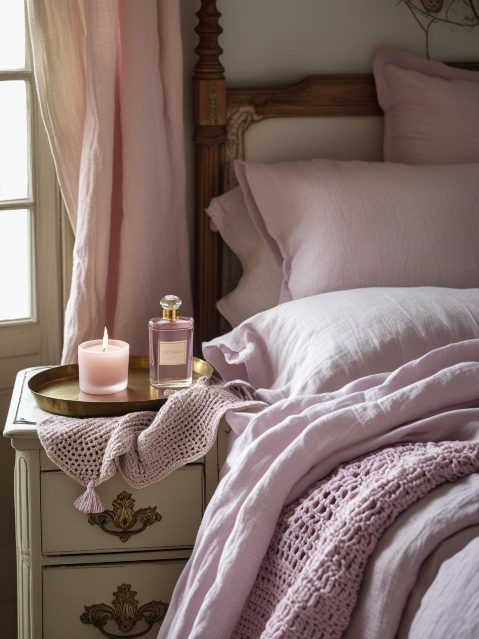 French-Girl Inspired Bedroom with a sandalwood candle and soft lavender sachet, adding invisible charm through subtle scent elements.