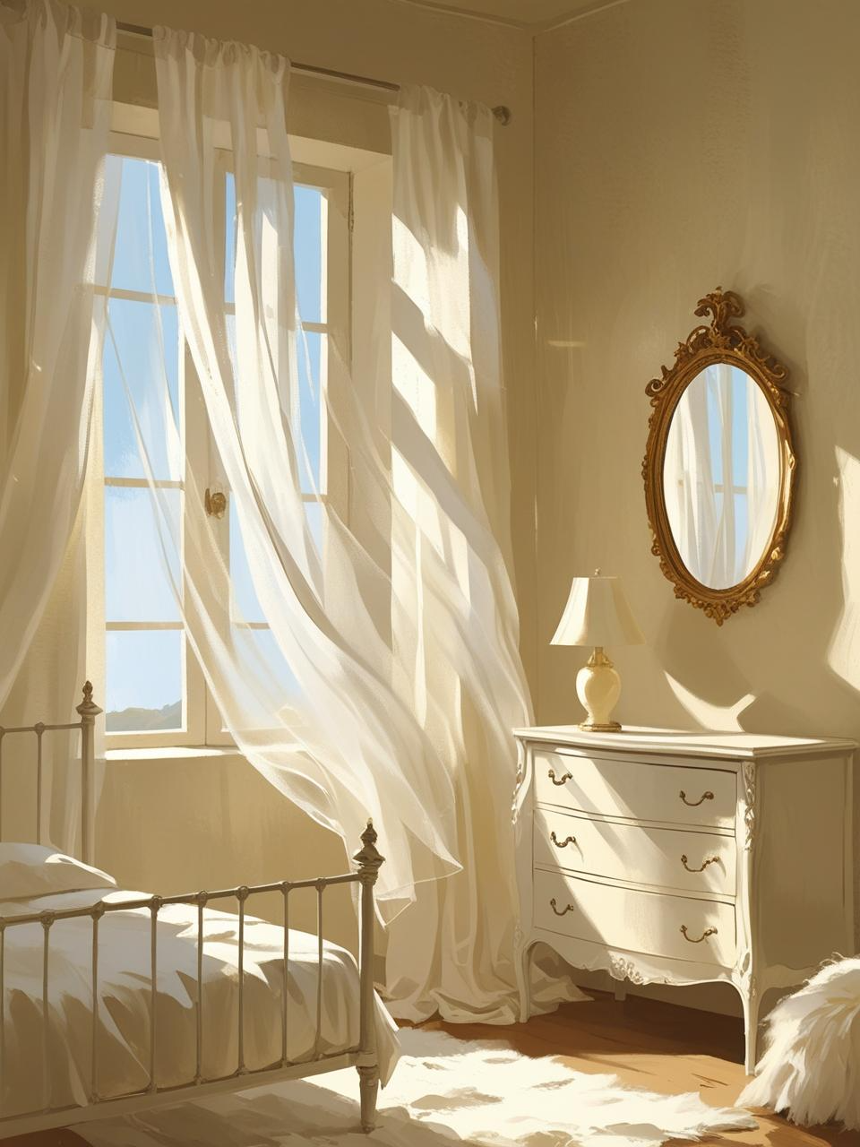 French-Girl Inspired Bedroom with sheer curtains, soft natural light, and vintage mirrors reflecting daylight for a bright, airy space.