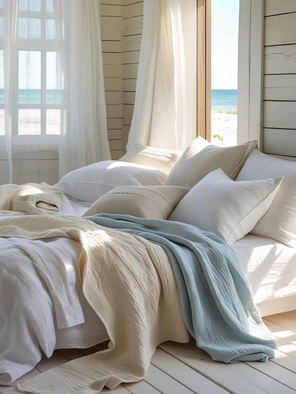Light and breezy coastal bedroom with relaxed white linen bedding, layered textures, and soft beach-inspired tones for a calm and airy look.