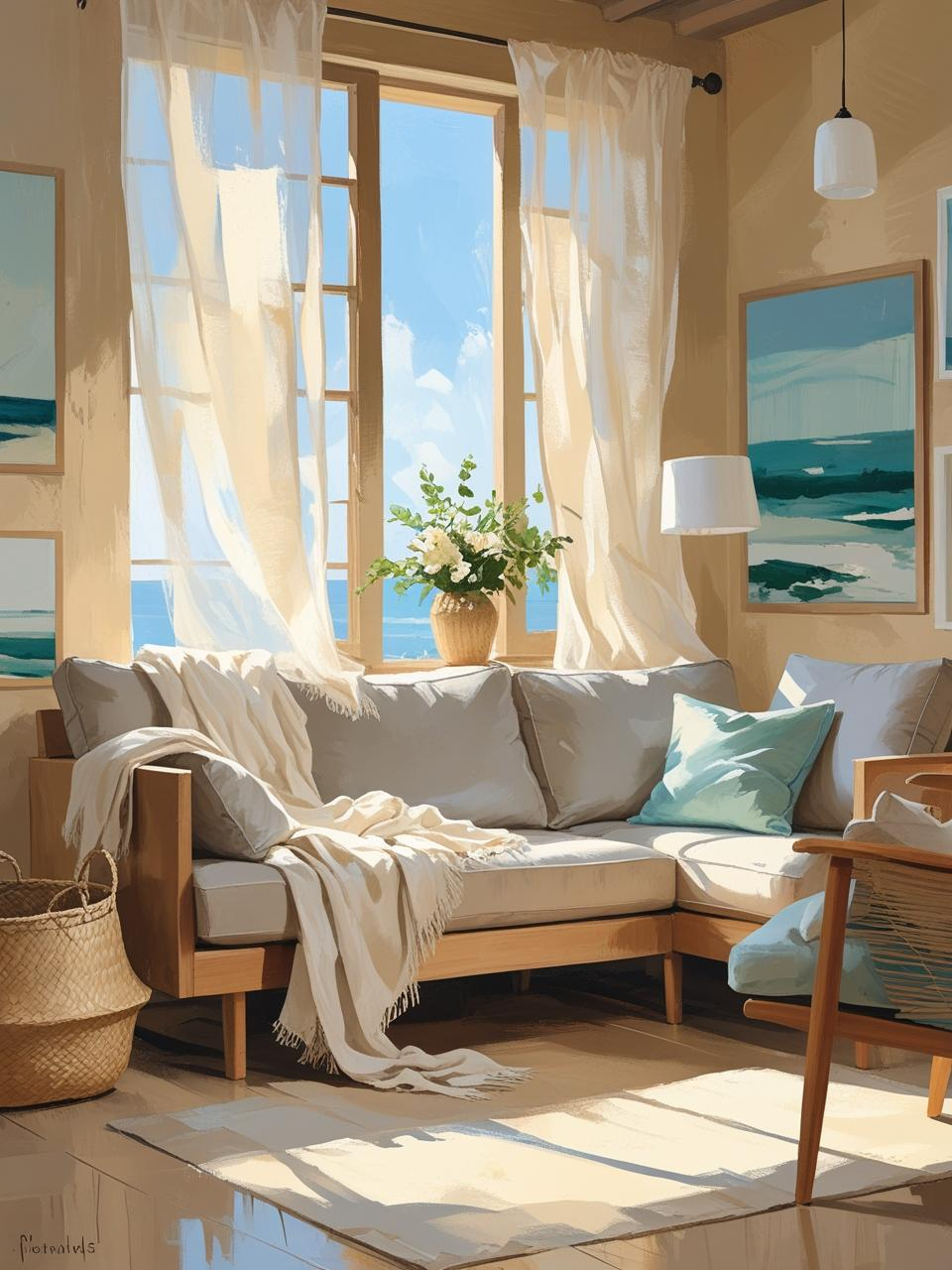 Light-filled modern coastal room with evolving decor, natural textures, and a lived-in feel showing the slow rhythm of home styling.