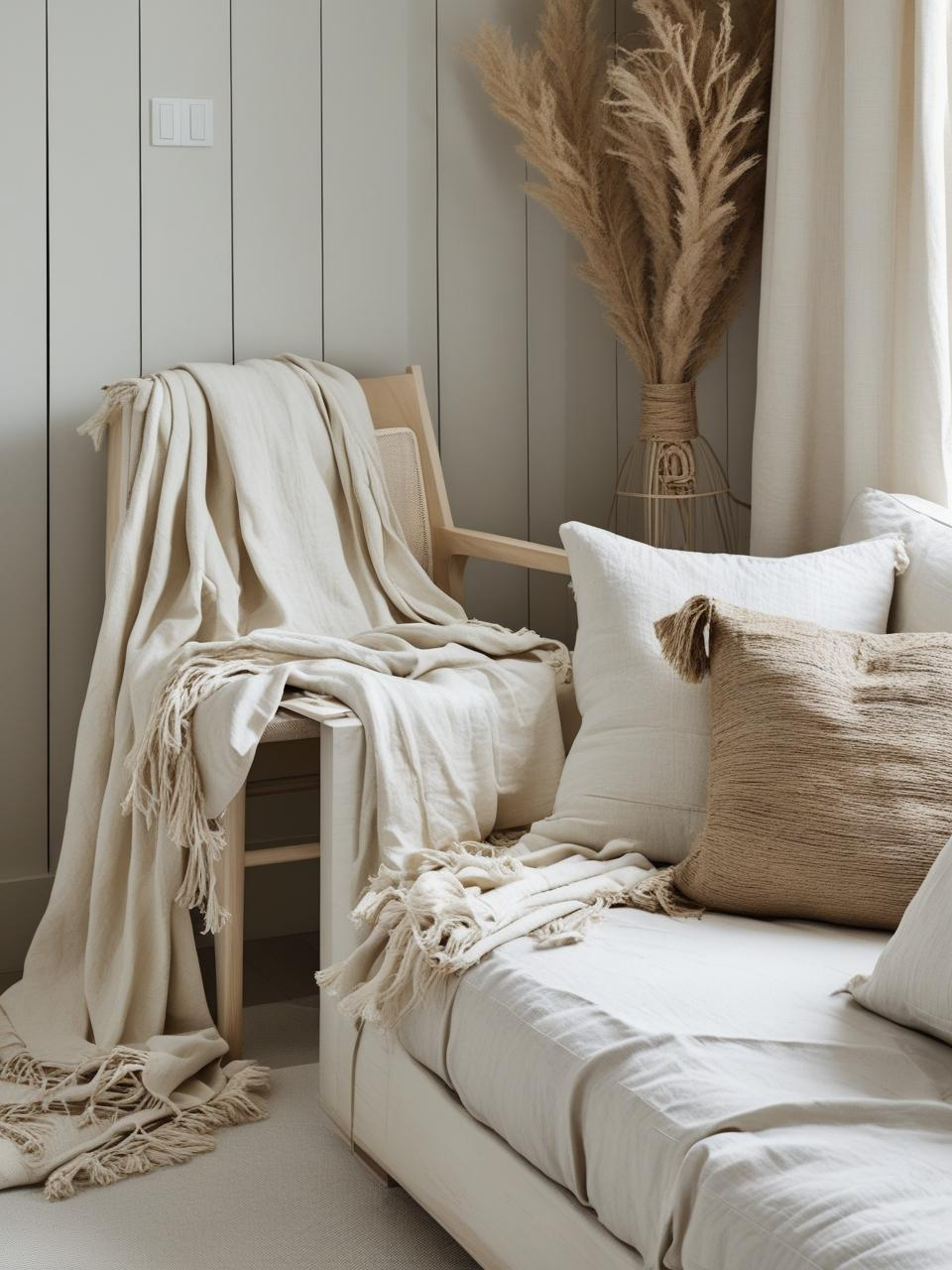 Lived-in modern coastal room with imperfectly styled bedding, relaxed throws, and soft textures that reflect natural coastal ease.