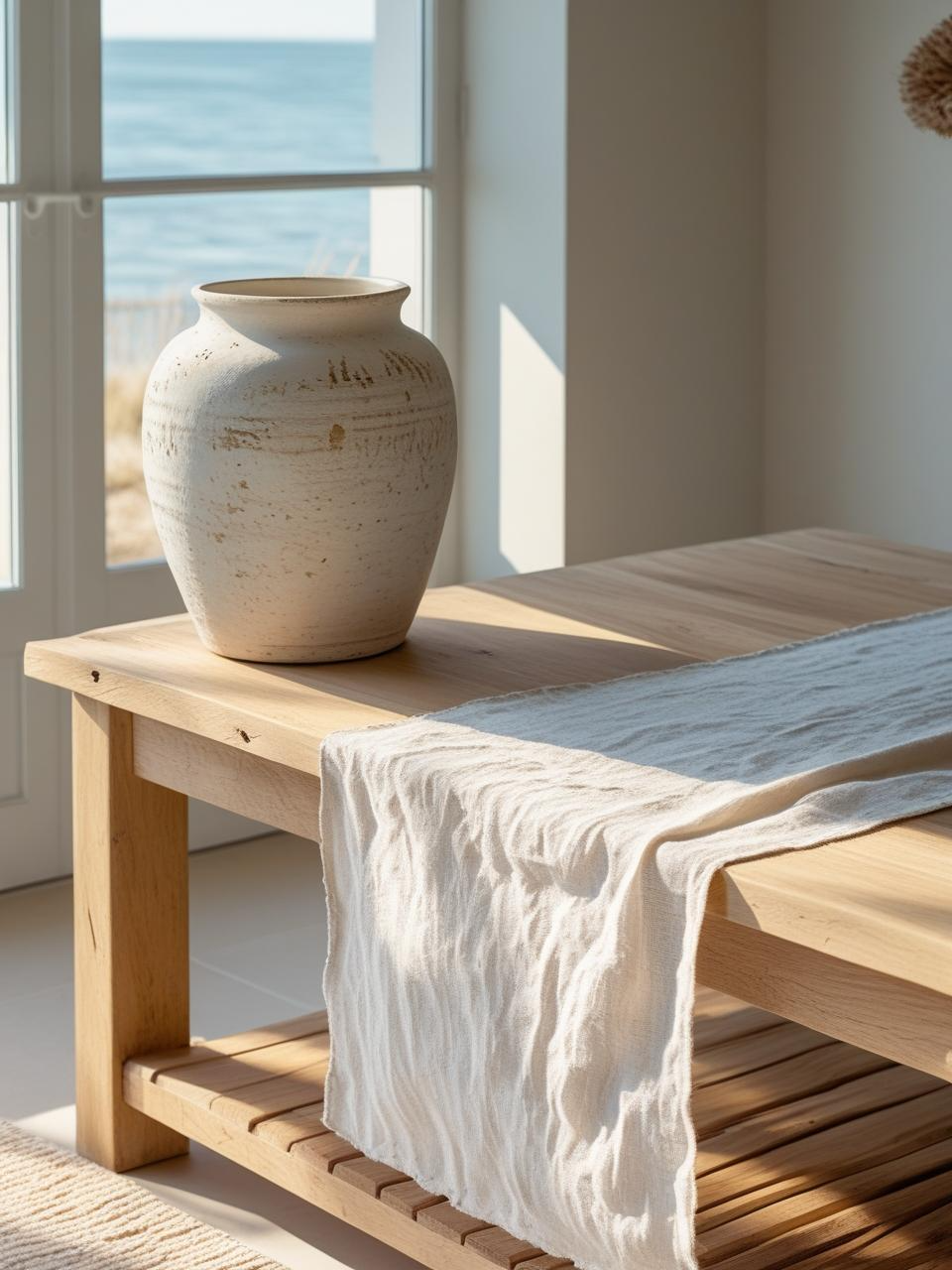 Modern coastal decor with personal, meaningful pieces like a vintage vase and handwoven runner, styled with soft textures and warm natural light.