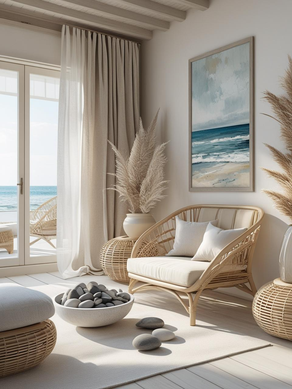 Modern coastal interior without coastal signage, using textures and natural light to create a calm, beach-inspired space without themed decor.