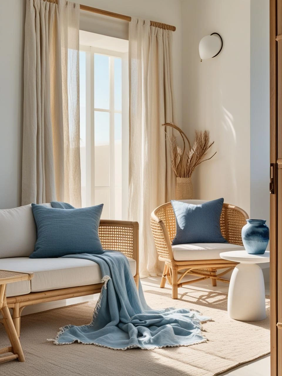Modern coastal interior with soft blue accents including a linen throw and navy cushion, styled with natural textures and warm lighting.

