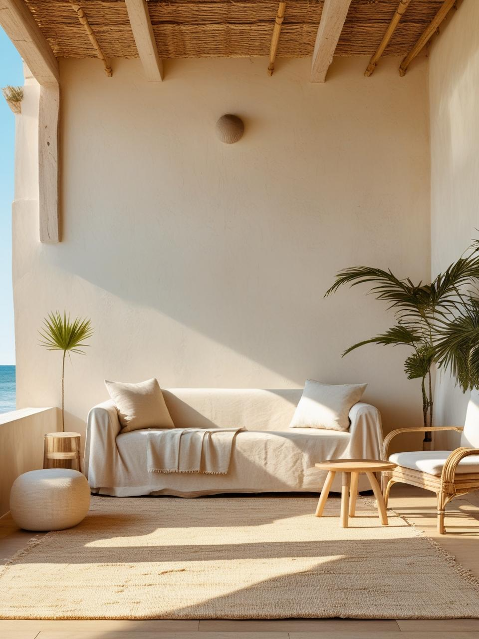 Modern coastal living room with a soft jute rug in sand tones, blending into a calm, natural space with light walls and minimal furniture.