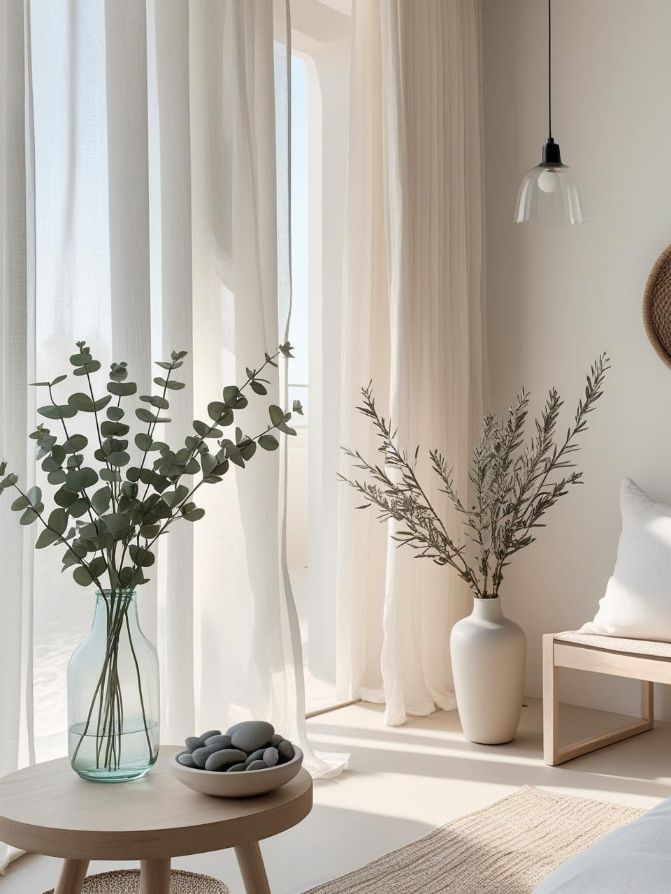 Modern coastal room with eucalyptus, olive branches, and natural textures that subtly bring the outdoors inside with soft greenery and beach details.

