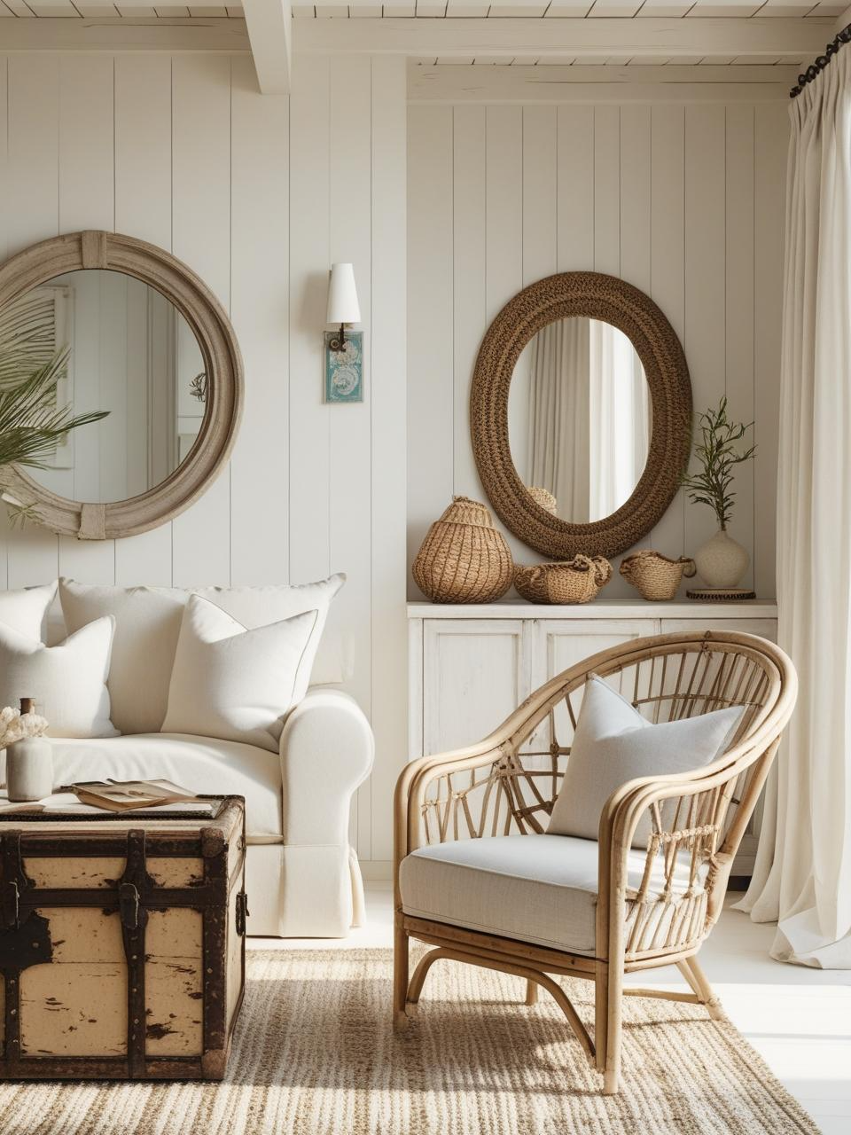 Modern coastal room with a vintage rattan chair and soft neutral tones, combining clean coastal style with grounded, timeless charm.