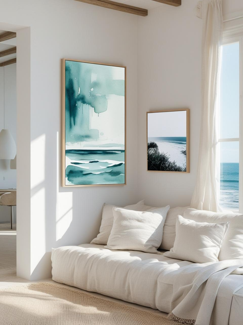 Modern coastal room with soft watercolor and abstract ocean-inspired artwork that creates a calm, airy, and balanced visual atmosphere.


