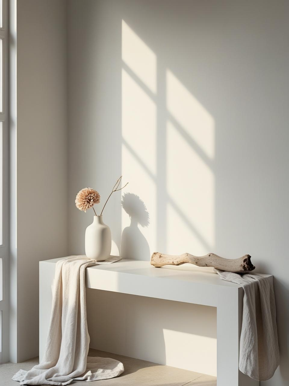 Modern coastal room with a clean, curated shelf displaying minimal coastal-inspired decor in a calm, clutter-free setting.

