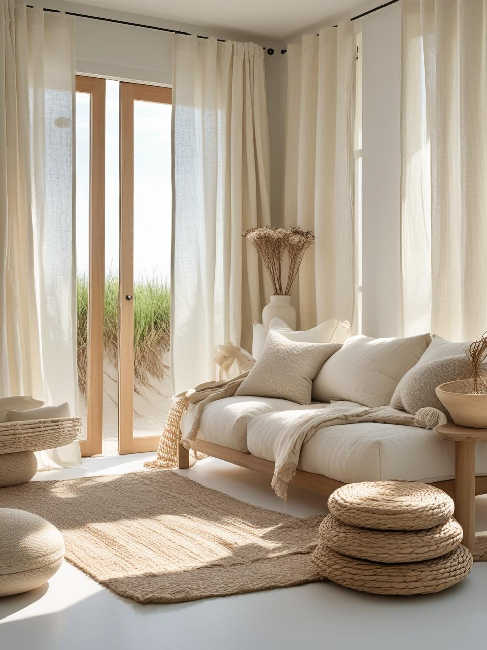 Serene modern coastal living room with soft light, linen textures, and airy colors that emphasize mood and comfort over design.