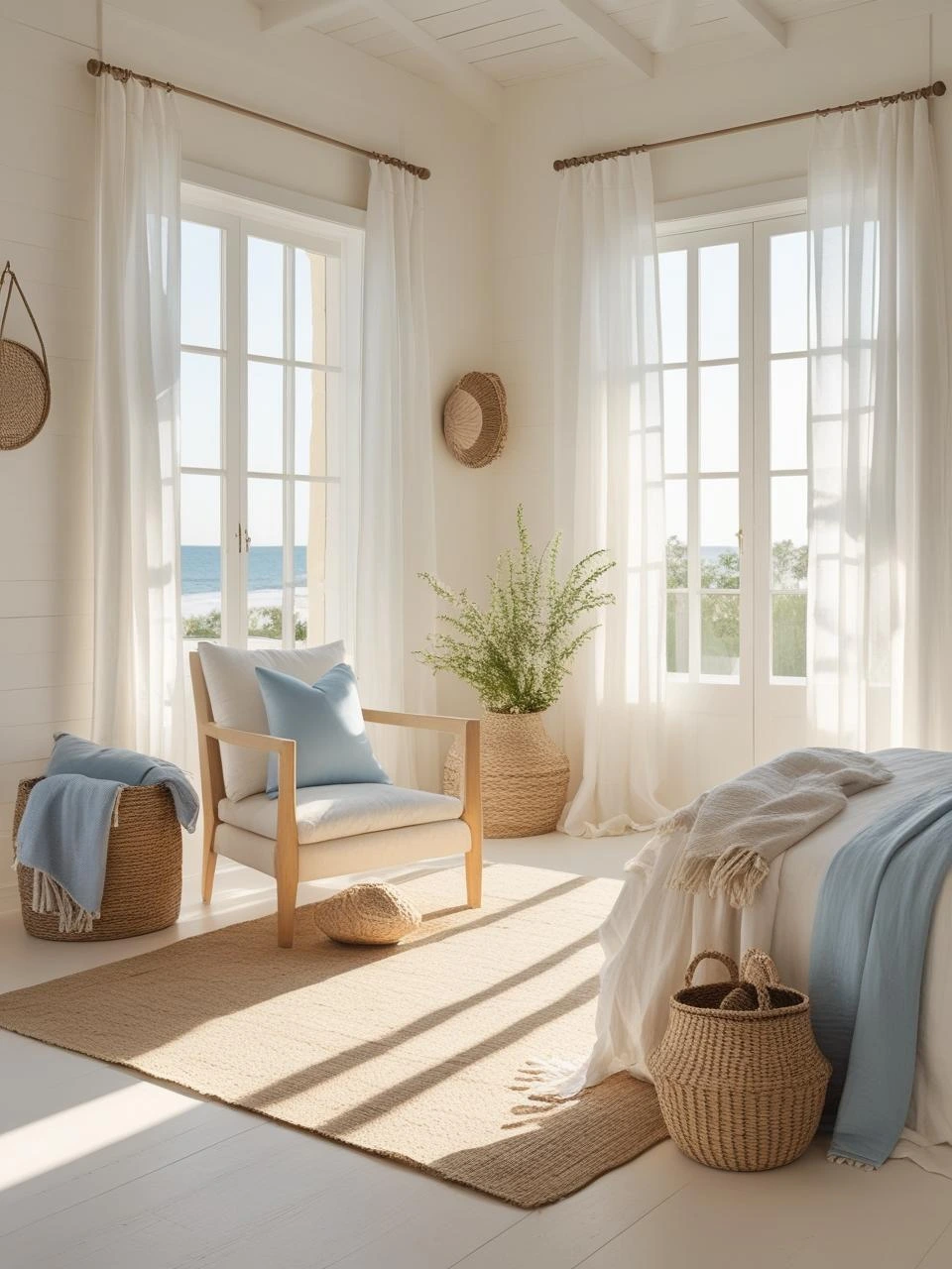 Sunlit modern coastal room with soft white walls, light wood furniture, and airy natural textures reflecting a lighter base design.