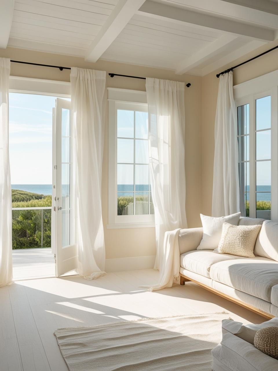 Sunlit modern coastal room with sheer curtains, white window frames, and soft natural light creating a bright and airy coastal ambiance.
